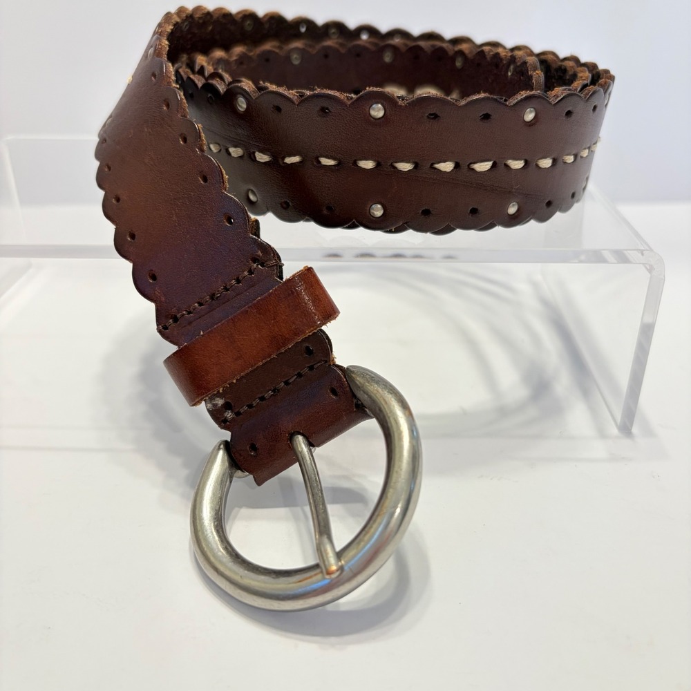 Eddie Bauer Brown Leather Scalloped Whipstitch Studded Belt Made in England S/M